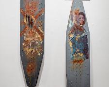 "Concubine", 2023, mixed media: transfer print, gilding, found objects, embossing, 52 x 13 x 1 1/2" (Pictured on the Left)