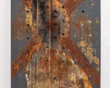 "Concubine", 2023, mixed media: transfer print, gilding, found objects, embossing, 52 x 13 x 1 1/2" (Detail View)