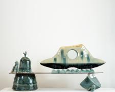 "Along the Way", 2024, ceramics, metal, 27 x 56 x 16"