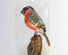 "Bullfinch", 2023, foil, wire, papier-mâché, wood, 13 3/4 x 6 1/4 x 6 1/4"