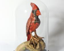 "Northern Cardinal", 2023, foil, wire, papier-mâché, wood, 8 x 6 1/4 x 6 1/4"