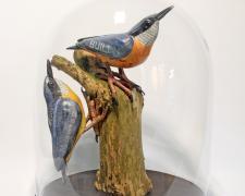 "Nuthatches", 2023, foil, wire, papier-mâché, wood, 12 x 6 1/4 x 6 1/4"