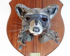 "Raccoon", 2023, wire, plaster bandage, papier-mâché, horsehair, 22 x 18 x 15"