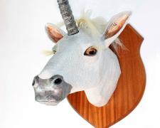 "Unicorn", 2024, wire, plaster, papier-mâché, horsehair, 18 1/2 x 33 7/8 x 22 7/8"