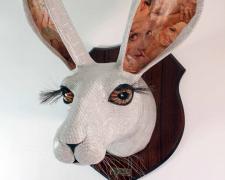 "White Rabbit", 2017, wire, plaster bandage, papier-mâché, horsehair, 31 1/2 x 24 x 22"
