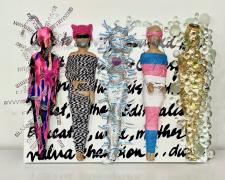 "Ode to Beverly", 2022, dolls, paper, adhesive, and mixed media on wood panels, 12 x 16 x 3 1/2"