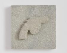 "silver gun", 2022, toy gun, adhesive, and glitter on wood panel, 8 x 8 x 2 3/4"