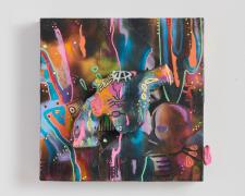 "graffiti gun 2", 2022, toy gun, adhesive, and glitter on wood panel, 8 x 8 x 2 3/4"
