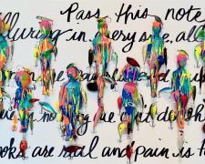 Deasa Turner, "Alluring", 2024, dolls, paper, adhesive, fishing hooks, and artist DNA on wood panel, 36 x 24 x 5"