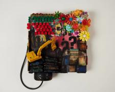 "City Landscape", 2023, mixed media on panel, 16 x 16 x 4"