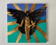 "Icarus with a gun", 2023, mixed media on panel, 16 x 16 x 4"