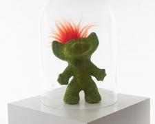 "Troll g-d", 2023, mixed media, 6" figure encased by 16 x 9 x 9" cloche