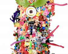 Deasa Turner, "Tower of Babble-On!" (detail), 2024, mixed media sculpture, 8'1" x 21"