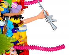 Deasa Turner, "Tower of Babble-On!" (detail), 2024, mixed media sculpture, 8'1" x 21"