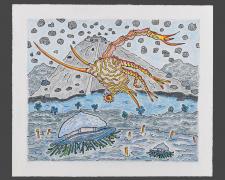 "Drifters", 2023, ink and color pencil on Stonehenge paper, 6 x 7"