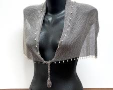 "Armor #2", 2026, mesh shawl: stainless steel, gold-plated brass, pearls, dimensions variable