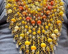 "Beaded and Jeweled Bib Necklace", 2025, necklace: gold-plated aluminum, brass, stainless steel, assorted beads, clip earring, 22 x 22 x 1 1/2"