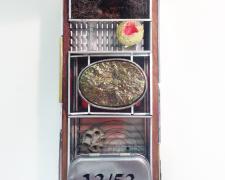 Box #8, Self Portrait, 2018, found wooden slide box, aluminum, brass, steel, bronze, sterling, pyrite, beard, wasp nest, etc., 3 x 3 1/4 x 7 1/4"