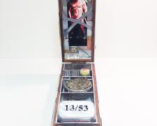 Box #8, Self Portrait, 2018, found wooden slide box, aluminum, brass, steel, bronze, sterling, pyrite, beard, wasp nest, etc., 3 x 3 1/4 x 7 1/4"