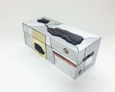Box #8, Self Portrait, 2018, found wooden slide box, aluminum, brass, steel, bronze, sterling, pyrite, beard, wasp nest, etc., 3 x 3 1/4 x 7 1/4"