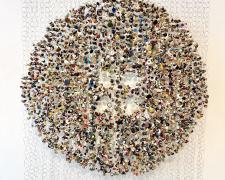 "Button", 2025, wall hanging assemblage: nickel, vintage sewing buttons, aluminum, 48 x 60 x 5"