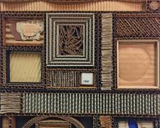 Typecast, Clear II, 2018, cardboard, and computer key on canvas panel, 8 x 10 x 1/2" / f.s. 11 x 14 x 1 1/2"