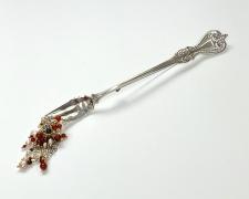 "Cocktail Fork", 2025, brooch: sterling, pearl, carnelian, garnet, gold plated brass, 8 x 1 x 1/2"