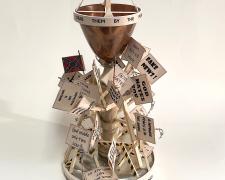 "Concept of a Plan, Font of Wantonness", 2024, nickel, copper, steel, wood, paper, 13 x 6 x 6"