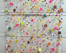 "Effervescence", 2025, wall hanging assemblage: nickel, acrylic, plastic, aluminum, 66 x 45 x 4"