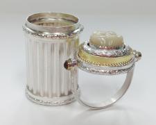 Jewelry Box #6, Tooth Fairy, 2017, box with lid ring: sterling, 14k yellow gold, zirconia dental crown, citrine, cabochons