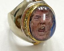 "Kissing His Ring", 2024, nickel, sterling, brass, inkjet print, rutilated quartz