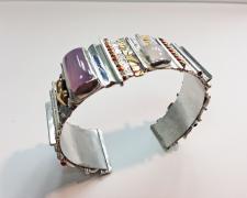 Edward Lane McCartney, "Loloma I", 2017, cuff bracelet: sterling, brass, copper, moonstone, lavender chalcedony, 1 1/8 x 2 1/2 x 2"