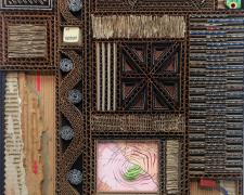 Typecast, Option, 2018, cardboard, paper, computer key, circuit board, and cable on masonite panel, 8 x 10 x 1/2" / f.s. 11 x 14 x 1 1/2"