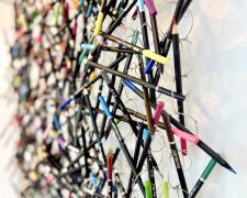 "Pencillation II (detail)", 2025, wall hanging assemblage: stainless steel, colored drawing pencils, aluminum, 32 x 32 x 4"