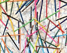 "Pencillation I (detail)", 2025, wall hanging assemblage: stainless steel, colored drawing pencils, aluminum, 72 x 54 x 5"