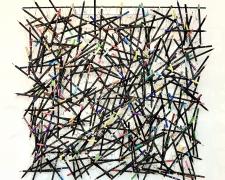 "Pencillation II", 2025, wall hanging assemblage: stainless steel, colored drawing pencils, aluminum, 32 x 32 x 4"