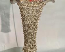 "Punch I" (detail), 2025, appropriated and manipulated vintage silver plate ladle, nickel, walnut, brass, 23 x 6 x 12"