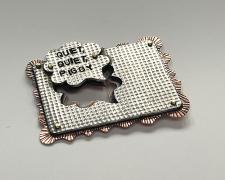 "Air Force One, Quiet, Quiet, Piggy", 2026, brooch: copper, aluminum, brass, sterling, stainless steel, 2 1/2 x 2 3/4 x 3/8"