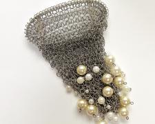 "Snood II", 2025, brooch: sterling, stainless steel, faux glass, and natural pearls