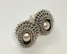 "Snood III", 2025, cufflinks: sterling, nickel, vintage glass pearls