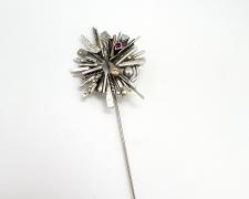 Edward Lane McCartney, "Stickpin #2", 2023, sterling, 14k yellow gold, 10k yellow gold, nickel, rhodolite garnet, gifted diamond stud earring