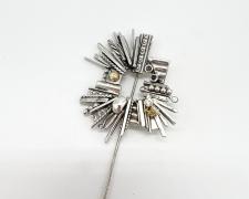 Edward Lane McCartney, "Stickpin #4", 2023, sterling, 14k yellow gold, fine silver, sapphire, gifted diamond stud earring