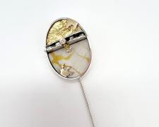 Edward Lane McCartney, "Stickpin #5", 2023, sterling, 14k yellow gold, nickel, reticulation silver, eggshell, aluminum, 24k yellow gold, gifted diamond stud earring