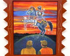 "East Texas’ Omen of War", 2025, gouache on panel in handmade frame, panel size: 20 x 16" / f.s. 28 x 23 x 2"