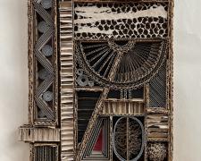 Edward Lane McCartney, "B9S56-00029", 2024, cardboard collage on panel, 23 x 13 x 2 1/2"