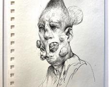 "Elongated Head", 2018, ink on paper, p.s. 8 x 5 7/8" / f.s. 13 5/8 x 11 5/8"