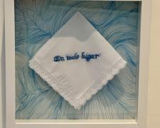 "En Todo Lugar", 2024, embroidery, handkerchief, micron markers, Mylar, 12 x 12"