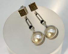 Edward Lane McCartney, "Excerpt from My Grandmother’s Necklace", 2023, earrings: fabricated sterling, 24k yellow gold-plated agate druzys, faux-pearls