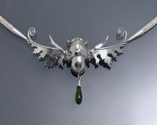 Martha Ferguson, "Cicada Necklace", sterling silver, fine silver, jade, chain: 16 1/2 to 18" / pendant: 3 x 2"