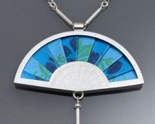 Martha Ferguson, "Framed Fan Necklace" (Blue & Green), sterling silver, paper, chain: 18" long / pendant: 2 1/4 x 2"